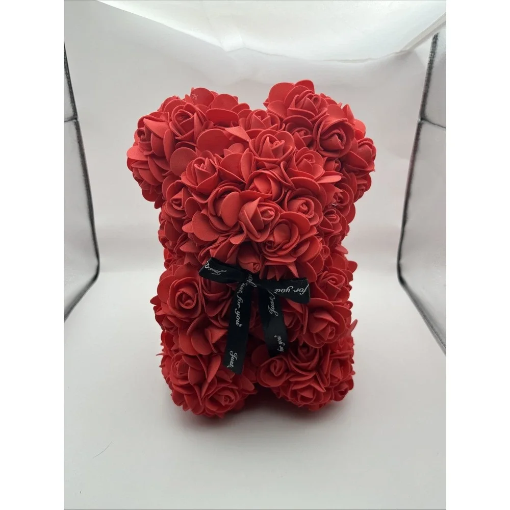 Rose Teddy Bear Flower Gift, Red Artificial Roses, Romantic Anniversary Decor